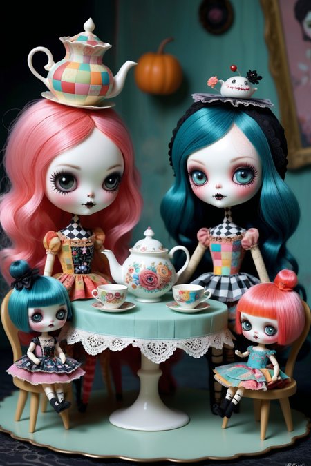 Imagine a whimsical tea party with a group of adorable patchwork dolls each with their own unique personality and style,the dolls have bright vibrant colors and an endearing expressions with patchwork faces and flowing hair in the enchanting world of Mab Graves.colorful outfits,intricate stitching,and sweet treats that adorn the table,creating a spooky & sureal scene,<lora:luxart:0.7>,<lora:helios2:0.5>,