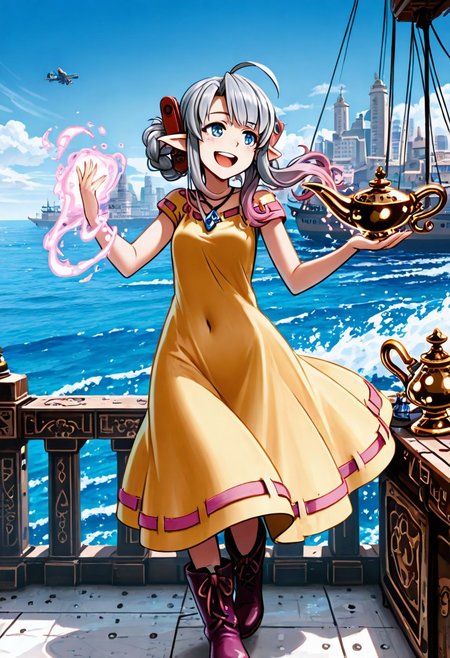 <lora:illustrious_XL_josette:0.9>,josette,masterpiece,best quality,good quality,1girl,solo,yellow dress,dress,necklace,boots,day,city,ocean,water,aircraft,watercraft,ship,:d,,Genie, gradient hair, grey hair to dark pink hair, pointy ears, floating, magic lamp, navel