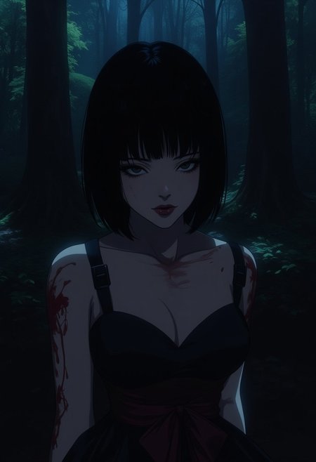 1girl, solo, black hair, looking at viewer, short hair, bangs, closed mouth, dress, black eyes, dutch angle, red lips, fair skin, big breasts, dark forest, dappled moonlight, upper body, blood, lowered head, GLSHS, partially illuminated