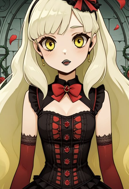 masterpiece, best quality, 1girl, solo,   zzMayu, blood rose theme, sharp thorns growing from shoulders, red-black dress with vine embroidery, glowing yellow eyes, soft expression, black lipstick, long white-blonde hair tangled in bramble, red silk gloves, floating rose petals, candlelit crypt, ancient writing on the stone walls, close-up bust view  In the heart of a crypt tangled with enchanted roses, Mayu gazes forward through a curtain of petals and thorns. Her arms are folded gently over her chest, but the roses bite into her gloves with hidden teeth. Pain and beauty blend together in her presence.      narrow waist, upper body,   , <lora:MAYULoveLogic_IXL:1.0>,  <lora:VampieNAI:0.7>,