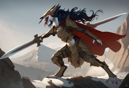 score_9, score_8_up, score_7_up, Rain Silves, yellow eyes, sergal, blue hair, furry female, solo, 1girl, open mouth, teeth, tongue out, realistic, helmet, armor, dual sword, cape, holding weapon, mountain, snow, fire