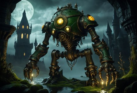 giant bipedal robot army green and orange amber, bronze paisley robot. lacy robot cuttlefish head. outside of a steampunk keep. large detailed torso. dark image. one forty foot tall ancient robot with great arms and two heavy spring legs. dark foggy night background. $dark foggy night image only. dark photo realistic image. steampunk details. cogs, chains and pipes incorporated in the fantasy buildings. magic wizards tower in background. Dark swamp, moss, castle ruins, wizards tower. stormy dark night.