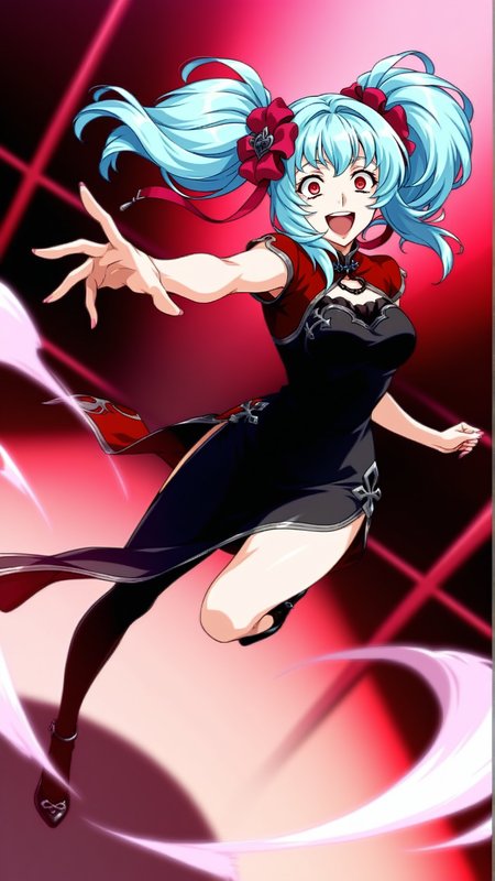 source_anime,general,best quality,1girl, <lora:Marilyn_Cat_ill_v1.0:1> marilyn\(srw\),blue hair, red eyes, twintails, china dress,happy, crazy eyes,   dynamic pose, dutch angle, full body,