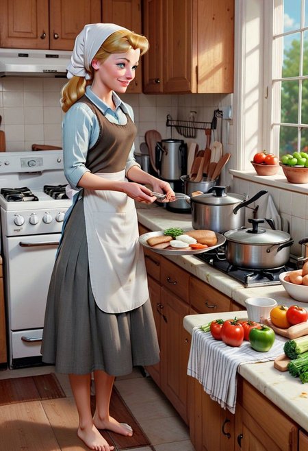 Ultra Realistic, full body shot,  Cinderella,  3d,  housework everyday dress, white scarf in hair, preparing meal, in the 18's, , barefoot, multiple 
Singing