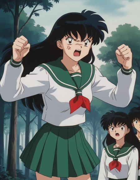 score_9, score_8_up, score_7_up, source_anime,
kagomehigurashi, <lora:kagome-higurashi-ponyxl-lora-nochekaiser:1>,
kagome higurashi, long hair, black hair, retro artstyle, brown eyes, angry, anger vein, shouting, open mouth,
skirt, shirt, long sleeves, school uniform, white shirt, pleated skirt, serafuku, sailor collar, neckerchief, green skirt, red neckerchief,
outdoors, forest, nature,
looking at viewer,