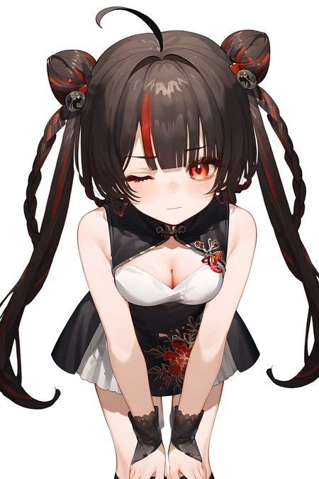 (score_9,score_8_up,score_7_up,),xiaoke,skirt under dress,double bun,multicolored hair,solo,red eyes,black footwear,white background,streaked hair,socks,long hair,closed mouth,blush,twin braids,ahoge,cleavage,medium breasts,china dress,white skirt,<lora:xiaoke2:1>,arched_back,leaning_forward,hand on own knees,shushing,wink,