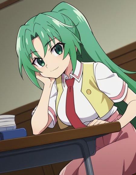 score_9, score_8_up, score_7_up, source_anime, <lora:mion-sonozaki-s4-ponyxl-lora-nochekaiser:1>, mion sonozaki, long hair, green eyes, ponytail, green hair, large breasts,, skirt, shirt, school uniform, white shirt, short sleeves, necktie, vest, red necktie, pink skirt, high-waist skirt, long skirt, open vest, yellow vest,, hotel room, bed, desk, mini fridge, room service, , sitting, head rest, table,, looking at viewer, solo,, dutch angle, cowboy shot