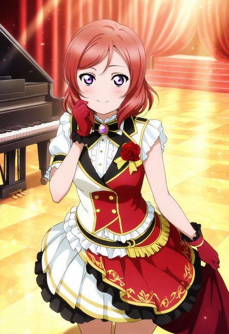 masterpiece, best quality, solo, 1girl, aged up, happy, 
 maki_nishikino, nishikino_maki, short hair, red hair, purple eyes, elegant idol dress, deep crimson and gold color palette, asymmetrical skirt, rose brooch, velvet gloves, grand concert hall stage, dramatic spotlight, red curtains draped behind her, piano in the background, refined and composed aura, gentle but proud smile