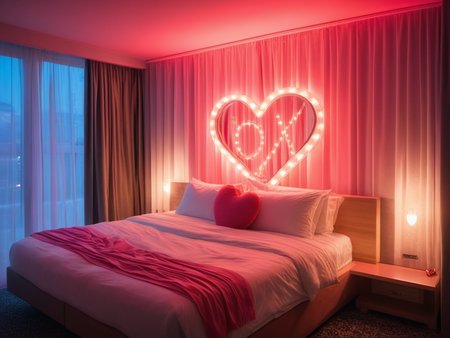 <lora:JJsLoveHotel_XL:.5> ((Love Hotel)) ,realistic, best quality, masterpiece , ((soft lighting)), heart, silk, reflection,night, mirror, window, curtains, ((a romantic scene))  ,RAW photo, (high detailed), dslr, high quality, (ultra realistic), Fujifilm XT3, ceiling light, dramatic lighting,shape of heart, neon light,bed, lightbulb, curvy ceiling,transparent curtain,