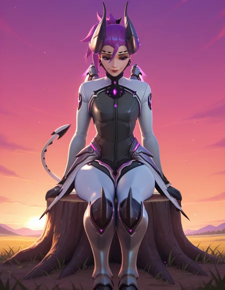 score_9, score_8_up, score_7_up, Masterpiece, high-res, 2k, best quality, 2.5d, 1girl, mercy (overwatch), imp mercy , purple hair, <lora:Devil_imp_mercy-000043:1> Sitting on a tree stump looking natural