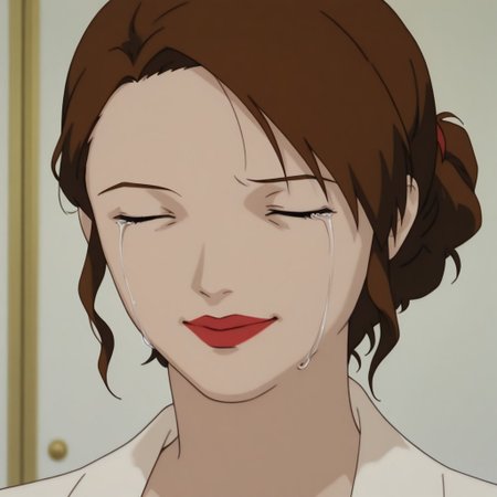 Miho,1girl,brown hair tied in a bun,red lips
Miho laughing historically while crying
