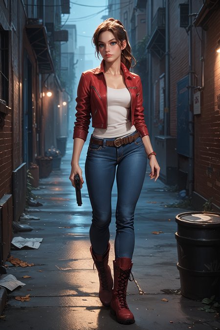 score_9, score_8_up, score_7_up, score_6_up
<lora:RE2Claire:0.8>
RE2Claire, 1girl, solo, brown hair, long hair, ponytail, blue eyes, red jacked, jeans, boots, holding gun, alley, at night