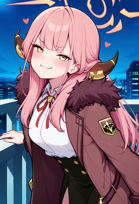 masterpiece, best quality, high resolution, absurdres, fFaceDetail, perfecteyes,
zzAru, yellow eyes, pink hair, long hair, demon horns, halo, brown coat, white shirt, black skirt, red ribbon, fur-trimmed coat, blush, head tilt, heart, 
leaning forward, smug, 
upper body, side view, smile, shiny skin,
looking at viewer, detailed background, balcony, outdoors, morning lights, cowboy shot, highly detailed