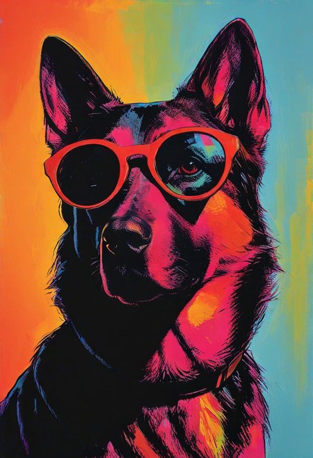 impactful color paint of, a german shepherd dog wearing dark sunglasses, highly detailed, vibrant colors , 8k, sharp, professional, clear, high contrast, high saturated, , vivid deep blacks, crystal clear