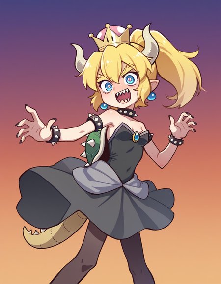 zPDXL, score_9, score_8_up, score_7_up, source_anime, 1girl, solo,
<lora:Orenji_v2:0.8> orenji, Bowsette, blonde hair, ponytail, sharp teeth, spikey tail, spikey shell, sparkling eyes, arms at side, (indian princess) wearing Chanderi silk lehenga in soft peach, embellished with intricate thread work and pearl detailing, paired with a sheer dupatta, accessorized with a kamarbandh, chandbali earrings, and haathphool, ornate maang tikka with dangling pearls
