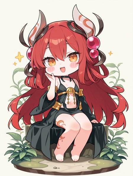 arthropod girl,traptrix allomerus,1girl,solo,blush,chibi,:d,smile,open mouth,black revealing dress,nature,looking at viewer,hand up,barefoot,simple background,full body,sitting,black choker,black detached sleeves,black skirt,plant,blush stickers,
masterpiece,best quality,amazing quality,very aesthetic,absurdres,newest,<lora:Traptrix Allomerus illuXL v1:0.7>,