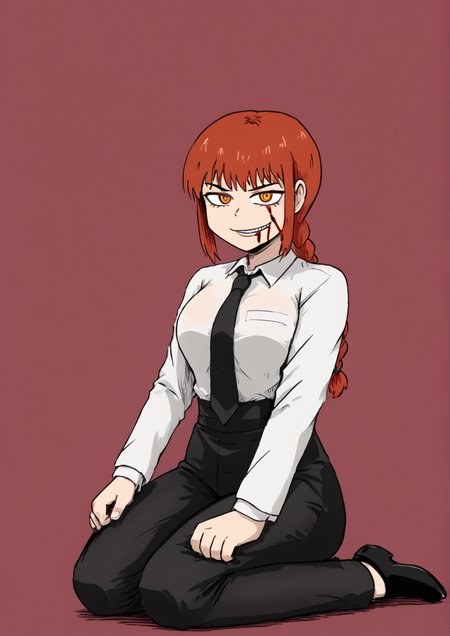 1girl, makima (chainsaw man), huge breast, young girl, black jacket, black necktie, black pants, blood, blood splatter, blood stain, braid, braided ponytail, breasts, business suit, collared shirt, eyebrows, formal, full body, high-waist pants, jacket, long sleeves, looking at viewer, medium hair, necktie, office lady, pants, ringed eyes, shirt, shirt tucked in, sitting, smile, solo, suit, white shirt,  <lora:nice_tackãã¤ã¹å®:1>