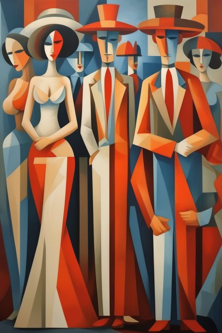 <lora:Jean Metzinger Style:1>Jean Metzinger Style - men and women full bodys in traditional clothing cubism poster style