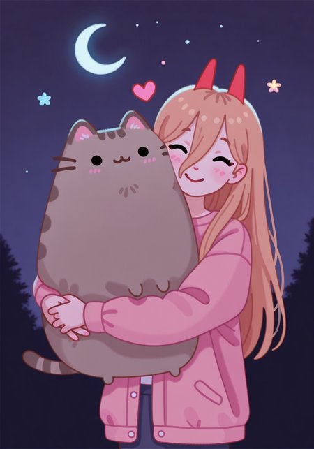 embedding:IllusP0s, pikaole, hugging Pusheen, hug, 1girl, solo, loving, smile, night, power_\(chainsaw man\)<lora:PusheenIXL.safetensors:1.0:1.0> <lora:pikaole_ill.safetensors:1:1>