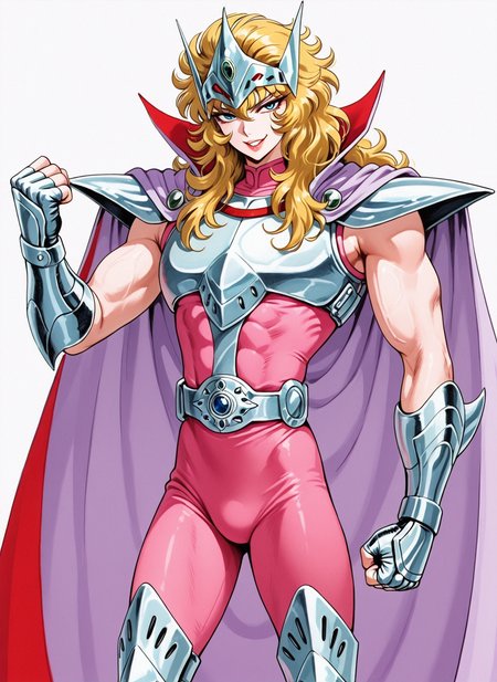 masterpiece, best quality, amazing quality, cyb88, traditional media, SS_MIS, 1boy, male focus, toned male, muscular, blue eyes, tsurime, light pink lipstick, thin lips, blonde hair, wavy hair, long hair, circlet, (white-violet cape, inner red cape, high collar), silver pauldrons, silver breastplate, silver fingerless gauntlets, sleeveless pink bodysuit, belt, belt buckle, silver greaves, grin, hand up, clenched fist, aged up