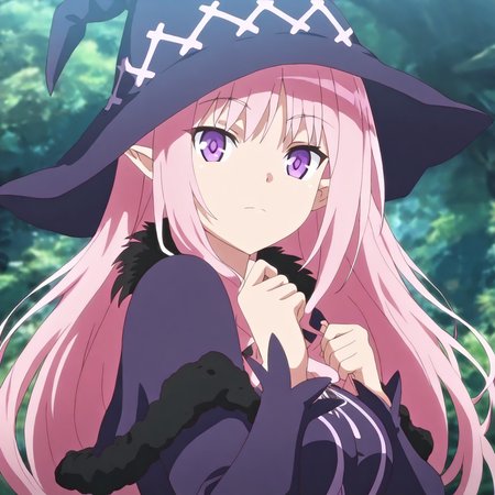 masterpiece,high score,great score,absurdres,solo,uncensored,anime coloring,looking at viewer,<lora:Lifria ag4o:1> lifria, pink hair, long hair, pointy ears, purple eyes,witch,