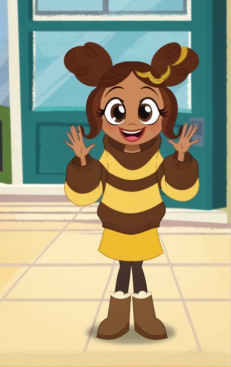 ((score_9)), score_8_up, ((high quality)), ((masterpiece)) BREAK
  DCSG Style, KarenB, KarenB Normal, Dark skin, brown hair, double bun, hair bun, Striped, sweater, smiling, looking at viewer waving, good hands, good anatomy <lora:DC_Superhero_Girls_2019:0.8>,<lora:pony_good_hands:0.8>