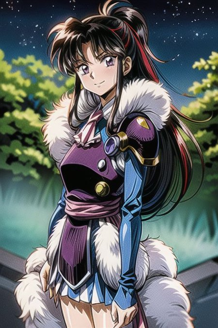 best quality 1girl Setsun4 solo long hair,  (night time) forest background black hair very long hair purple eyes multicolored hair armor, small, (fur trim) (medium body),<lora:EMS-179-EMS:0.800000>,<lora:EMS-293862-EMS:0.800000> bow, hair_bow, hair_tubes, red_bow, brown_hair, long_hair, bangs, ascot, frilled_bow, yellow_ascot, blush, smile, hair_between_eyes, athletic, armor, miko,  Smiling, happy,