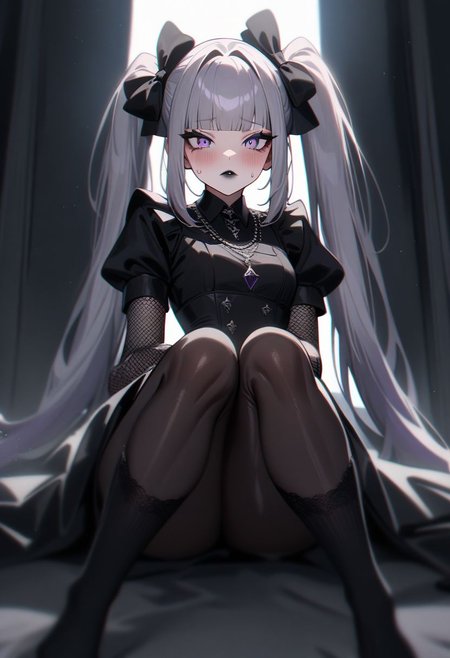 1girl, looking at viewer, solo, anime style, woman, perfect slim hourglass figure, narrow waist, depth of field,  scenery, dark lipstick, long eyelashes, , pose,  small breasts, wide hips, narrow waist, slim hourglass figure, hat , goth dress, knees socks,  garters, medium hair, blunt bangs, gloves, elbow gloves, fishnet gloves, made dress, black dress, long hair, breasts, blush, dress, bow, twintails, purple eyes, purple hair, sweatdrop, black dress, makeup, white bow, black nails,  gothic, gothic, black lips, maid hat, white hair bow, makeup, white bow, 
masterpiece, best quality, very aesthetic, absurdres, neon genesis, beautiful, aesthetic, chromatic aberration, ((detailed face)),highly detailed, masterpiece, best quality, very aesthetic, expressive eyes, perfect face,((beautiful eyes)),(((perfect female body))), shiny skin, super idol face, intricate details, (perfect lighting), highres, flush lips, perfect lips, black eyeshadow, thick thighs, thighs ass, indoor, light particle, sitting, sitting on knees, looks with arrogance, looking below, jewelry, extravagant dimond necklaces, lipstick,  evil expression, evil corruption, evil atmosphere,