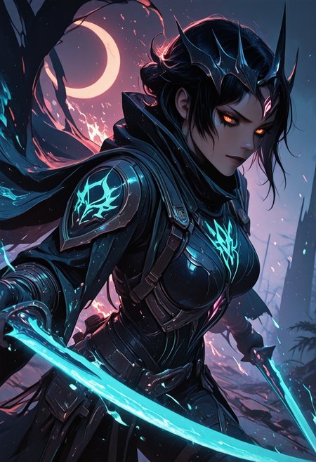 (masterpiece), (best quality), 8k, 1girl, celestial assassin, intense low lighting, glowing crescent blades, purple glow, dual-wielding, shadowed face, glowing eyes, dark eclipse sky behind her, glowing voidlight aura, Void crown, half crescent crown, orange eyes, mystical sigils, long flowing cloak fluttering, sci-fi fantasy armor with celestial patterns, moonlit silhouette, cinematic perspective, ethereal particles, radiant eclipse corona, sleek asymmetrical hairstyle, atmosphere of silent finality, black eyeshadow, Void flames, Burning Cloak, Flaming cloak, 
Action Shot, Slashing blades, Fierce expression, partical effects, dynamic, Dynamic position, Dynamic angle, Combat, intense, intense expression, Anger, half smirk,
Unique, close up, cowboy shot, dutch angle, foreshortening, 
Looking at viewer, (Close up, Face Focus),