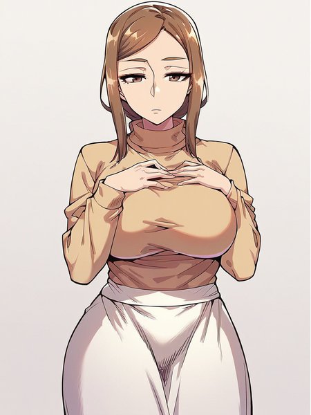 score_9, score_8_up, score_7_up,  
1girl, miyuko tk, low ponytail, mature female, large breasts,
brown hair, brown eyes,

standing, beige sweater, turtleneck, long sleeves, white skirt, long skirt, white background, solo, hand on own chest, expressionless, looking at viewer,
