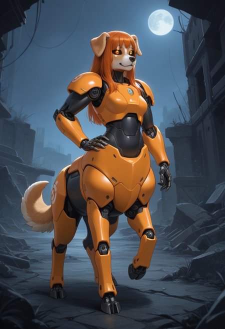 score_9,score_8_up,score_7_up,score_6_up,score_5_up,score_4_up, BREAK ((Corgi)), robot, centaur, solo, smile, industrial ruins, night, hooves, orange horse tail, Robot girl, Mecha, Android, mechanical limbs, robot joints, orange metal skin, black sclera, no mouth, armor, glowing eyes, furry, orange hair, bangs, ((dog head, floppy dog ears, dog nose,)) hand on hip, long snout