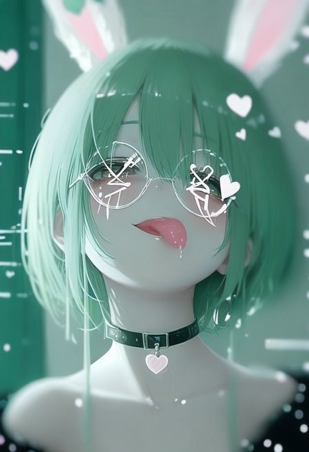 1girl, tongue out, tongue, solo, animal ears, rabbit ears, choker, glasses, round eyewear, green hair, short hair, looking at viewer, hair between eyes, portrait, heart, blurry, bangs, :p, black choker <lora:748cmXL_NBVP1_lokr_V6311PZ:0.95>