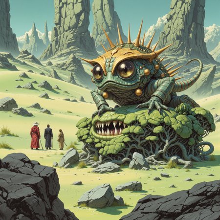 strange and otherworldly scenery on a distant planet, very aesthetic,gorgeous, beautiful, extremely detailed background, masterwork, perfect proportions, golden ratio, extremely detailed, famous artwork inspired by justin gerard and don maitz, , the "regal inkzax" is a fearsome desert dweller of planet "doubloon viii", camouflaged amidst the mint green dunes we see it surveying the surroundings with its intricate vorblyborked multifaceted eyes from atop an overgrown hobblegrompf, beware its poisonous xygger, aidmamj6.1, lrat, <lora:midjourney_61-v0.5-flux-by_aidma:0.52> <lora:style-luis_royo-flux-by_artikuz_ai:0.72>