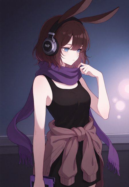 solo, ethereal, detailed, contemplative,  fullbody, 

cozy, vibrant colors,  soft lights,  headphones, mp3 player in hand, 
1girl, kemono, blue eyes, brown hair, (purple scarf), (dark rabbit ears),  black tank top, clothes_around_waist, tied dark brown cardigan, 

masterpiece,best quality,amazing quality, detailed, 
