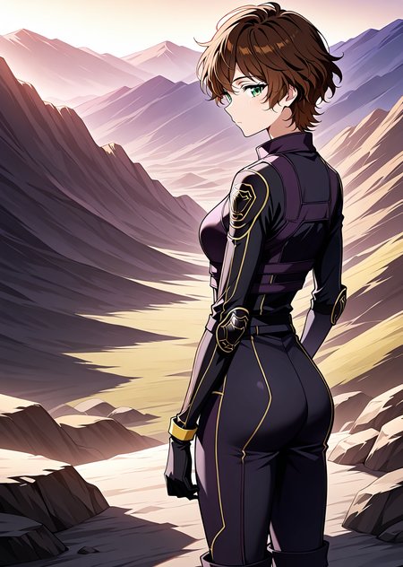 <lora:Caria_Rede__The_Beginning_After_the_End___Illustrious:1>
1 girl, solo, short hair, messy hair, wavy brown hair, green eyes, athletic body, 
black and purple combat suit, gold line details, gloves and boots
score_9, score_8_up, score_7_up, source anime, BREAK, cowboy shot, (from side), looking back, looking at viewer, overlooking mountain, high altitude, scenery, exterior, background