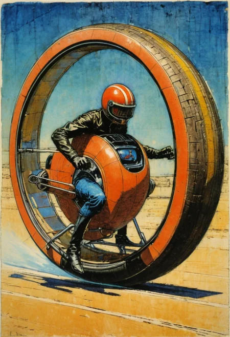 retrofuturist monowheel racing, collagraph by William Wray