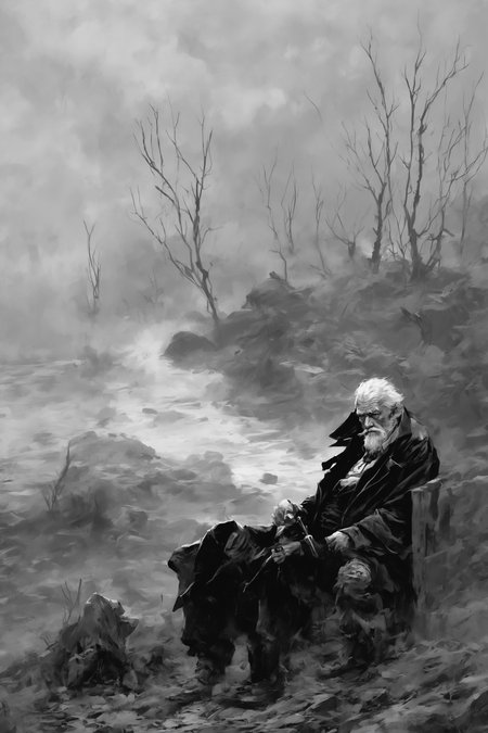A dirty and dangerous old man, aristocratic, storm and fog, greg rutkowski, artstation.
black and white color scheme