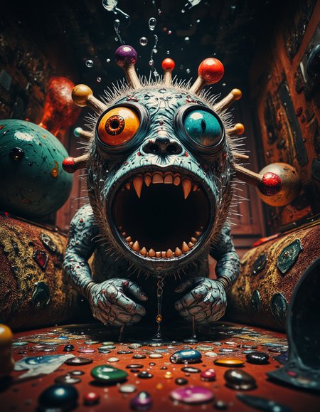 multi-eyed-catching a terrifying soaked in darkness fat and hairy multi-eyed object scared and cornered in a cozy living room with an old-fashioned renovation, a dark nightmare feeling, large amount of small details and details, depressive pressurizing atmosphere, large forehead, High quality, Highly detailed, <lora:aidmaMJ6.1:1>, <lora:ImageUpgraderV2:1>, <lora: - Flux1 - soothing_atmo_V1.0:0.3>,  <lora:Flux DetailerV2:1>,  <lora:flux-colourful-000003:1>