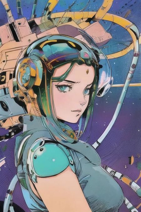 2d artwork, line artwork, comic aesthetics, 1girl, gorgeous, spacesuit mech, looking at viewer, surreal, breathtaking high-tech hardware background, line noise, ancient, retrofuturism, old comic paper, 1girl, beautiful face, spacesuit mech, short hair,