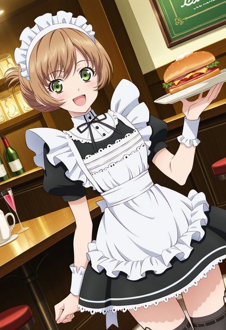 restaurant, indoor,
BREAK,
open smile, holding foods, looking sideways,
cowboy shot, dynamic angle,
BREAK,
<lora:leiax2_illustriousXL_v01:0.9>
leiarnd, leiamaid, maid, short dress, puffy sleeves, short sleeves, apron, brown hair, green eyes, bob cut, short hair, black thighhighs, black mary janes,, source_anime, very aesthetic, anime coloring, masterpiece, 
best quality, amazing quality, ultra detailed, very aesthetic, 
detailed background, 
BREAK,