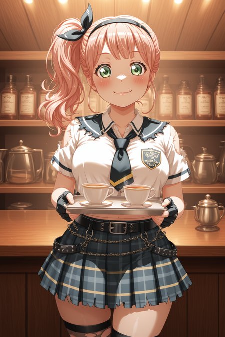 masterpiece, best quality, amazing quality, 1girl, solo, makeup, general, looking at viewer, cowboy shot, blush, smile, playful pose, dynamic angle, cafe, indoors, serving tea, holding tray, energetic pose, midriff, <lora:Uehara_Himari_Ban_Dori:1>, Uehara_Himari_Ban_Dori, green eyes, pink hair, long hair, breasts, side ponytail, punk school uniform, plaid skirt, torn clothes, fingerless gloves, thighhighs, asymmetrical legwear, chains and belts, edgy fashion, rebellious expression, hairband ribbon, youthful energy, <lora:wai-2Rectified-V140:1>, <lora:illustrious_noobai_epsilon_pred_1_masterpieces_v1:1>