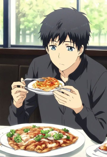 high resolution, solo, best quality, 1Boy, Arata Kaizaki, Black Hair, Blue Eyes, dating, romantic, dinner, OverallDetail