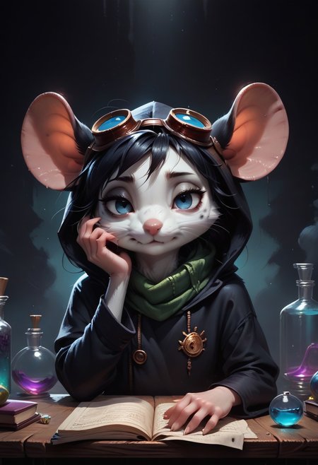 score_9, score_8_up, score_7_up, masterpiece, line art, portrait, anime, detailed, Expressiveh, detailed background, concept art, source_anime, dark theme, low light, solo, anthro mouse girl, tiny, bags under eyes, mouse tail, cute, blue eyes, tired, lidded eyes, hooded, green scarf, goggles, laboratory background, black cloak, white spots on fur, black fur, bottomless, holding potion, seated at table, messy work desk, books, hand on face