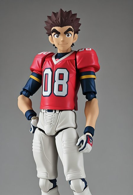 figma, figure anime style, PVC, Yaoi figure PVC, PVC boy, PVC texture, male, High Quality, perfect anatomy, HD, anime style, break
TAROU RAIMON, 1boy, solo, alone, brown hair,  thick eyebrows, dark brown eyes, athletic build, smiling, posing, looking at viewer, football uniform, tight uniform, red and white uniform,