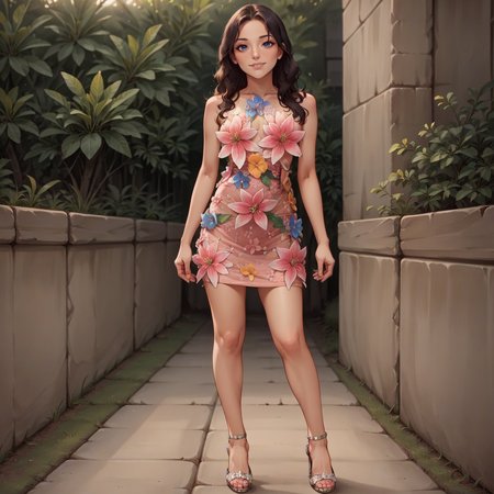 score_9. score_8_up, score_7_up, score_6_up, score_5_up, score_4_up, source_anime, front view, woman, smile, fl0r4l_1, floral dress, stiletto high heels, best quality, high detail, high quality, high res, 4k,eyeliner, pouty lips, blue eyes, detailed skin texture, <lora:Floral_dress_pony_9:0.6>, dramatic, cinematic, best quality, open field