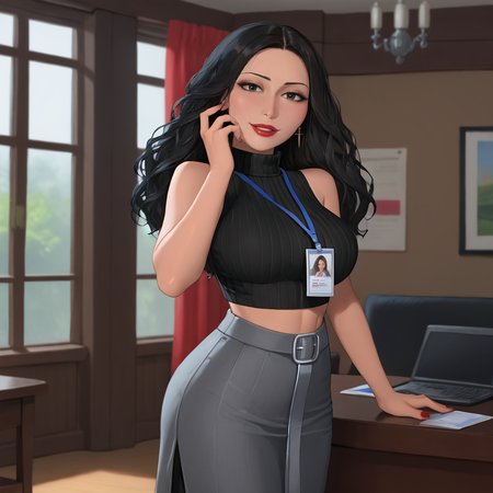 <lora:mothergothel_pony_v1:.8>mothergothel, 1girl,  solo, makeup, long hair, black hair, lipstick, red lipstick,  large breasts, fingernails, dark skin, cowboy shot, <lora:0897 Home wear 3_v1_pony:1> ruanyi0897,black thighhighs,garter straps,turtleneck,id card,lanyard,grey skirt,crop top,black sleeveless sweater,long skirt,