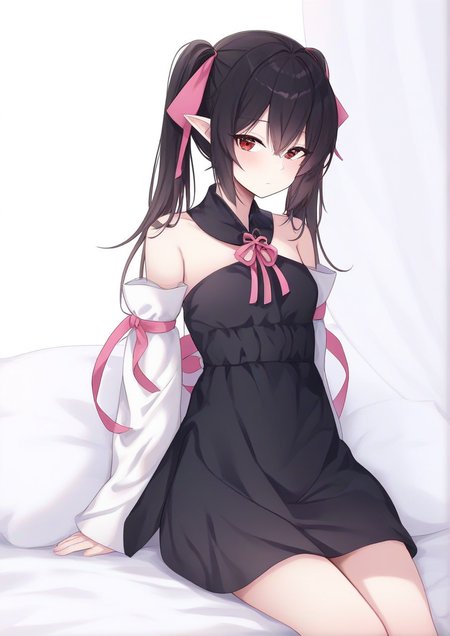 1girl, by kodoto, arms behind back, bare shoulders, black dress, black hair, closed mouth, cowboy shot, detached sleeves, dress, hair between eyes, hair ribbon, long hair, long sleeves, looking at viewer, pillow, pink ribbon, pointy ears, red eyes, ribbon, sitting, solo, twintails, white sleeves, <lora:Factory_å·¥å ´picter12:0.9>