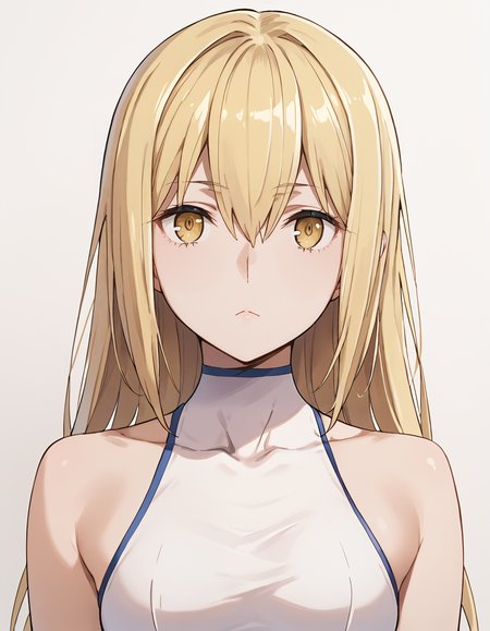 score_9, score_8_up, score_7_up, source_anime, BREAK
1girl, simple background, looking at viewer, expressionless, upper body, 
ais wallenstein, long hair, blonde hair, hair between eyes, yellow eyes,
battle outfit, white dress, sleeveless, bare shoulders, covered collarbone,
<lora:ais_wallenstein_anime-soralz:1>