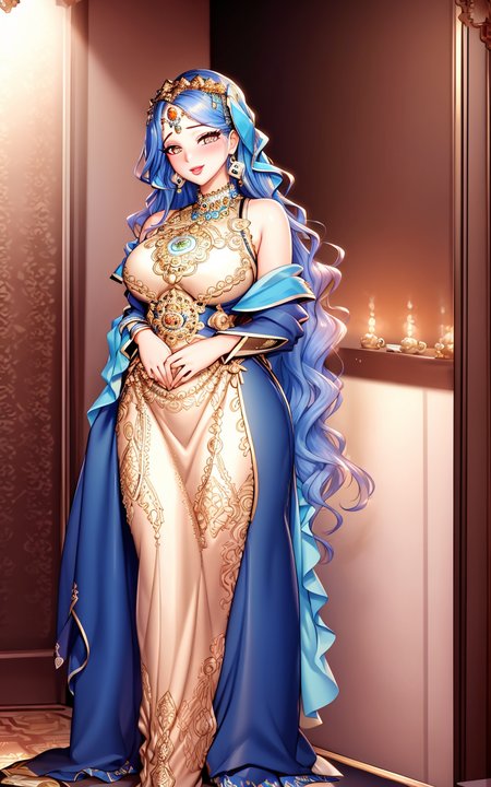 Masterpiece, 4K, (Beautiful woman:1.2),  portrait, high quality art, high resolution, high definition, centered, symmetrical, good anatomy, puffy lips, smiling, surprised, blushing, lipstick, beautiful eyes, , pretty woman,  jewelry, Moroccan Caftan, Blue fabric with golden embroidery,  <lora:Moroccan_Caftan:0.8>
