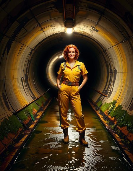 A young woman, April O'Neil, stands confidently in front of a large, circular sewer pipe,L4rg3 s3w3r p1p3. She has vibrant red, shoulder-length wavy hair and wears her iconic bright yellow jumpsuit with utility-style details, such as rolled-up sleeves and visible pockets. A brown utility belt is fastened around her waist. She holds a microphone or a small camera in one hand, highlighting her role as a journalist. Her expression is determined and slightly smiling, radiating courage and curiosity.
The sewer pipe behind her is massive and weathered, with green moss and moisture stains around its edges. The interior of the pipe is dark and shadowy, while the exterior is illuminated by soft natural light. There is a small puddle of water or wet ground in front of the pipe, reflecting faint light.
The background features an urban, industrial setting with worn brickwork surrounding the sewer opening, showing signs of age and decay. Small wild plants and grass grow around the base, adding a touch of nature to the scene.
The lighting is soft and dramatic, with natural sunlight streaming in and casting gentle reflections on the ground and inside the pipe. The image is styled as a semi-realistic illustration with vivid, bright colors for April O'Neil, contrasting with the muted, earthy tones of the background. The overall mood is adventurous and cinematic.<lora:SDXLFaeTastic2400:0.4> <lora:extremely_detailed:0.4> extremely detailed, <lora:L4rg3_s3w3r_p1p3:1>, Masterpiece,best quality,hi res,8k,hi res,8k,award winning,(sharp focus, intricate, highly detailed),